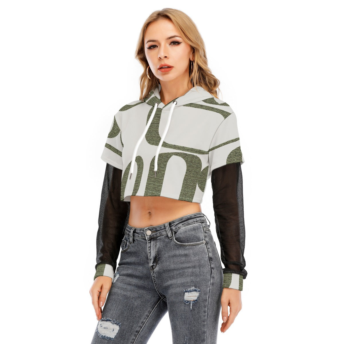 All-Over Print Women's Fake Two-piece Mesh Sleeve Cropped Hoodie