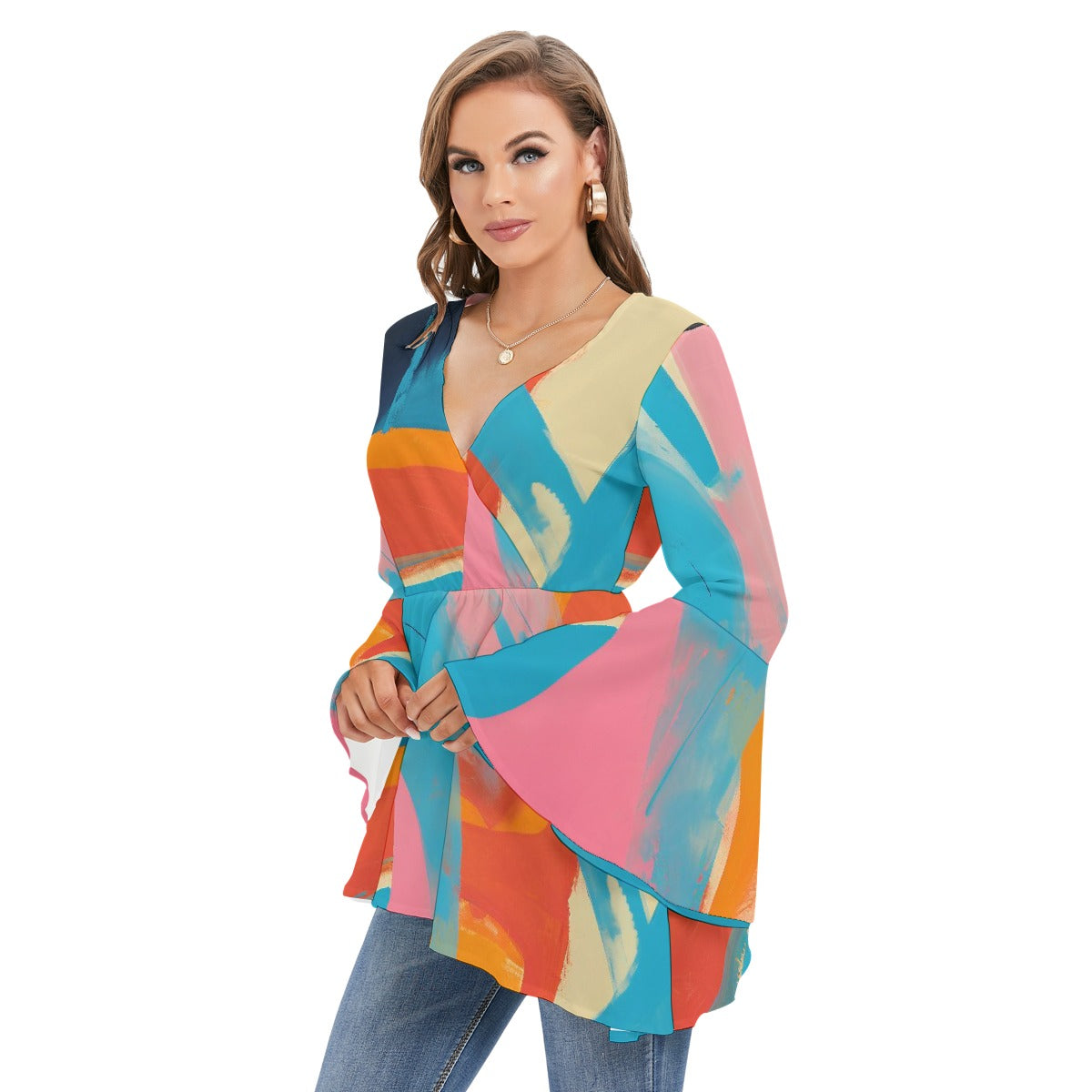 All-Over Print Women's V-neck Blouse With Flared Sleeves
