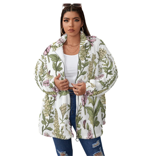 All-Over Print Unisex Borg Fleece Stand-up Collar Coat With Zipper Closure(Plus Size)