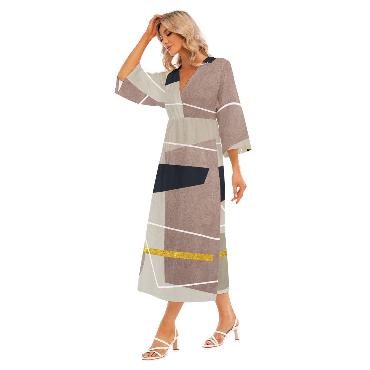 All-Over Print Women's Mid-Sleeve Long Dress