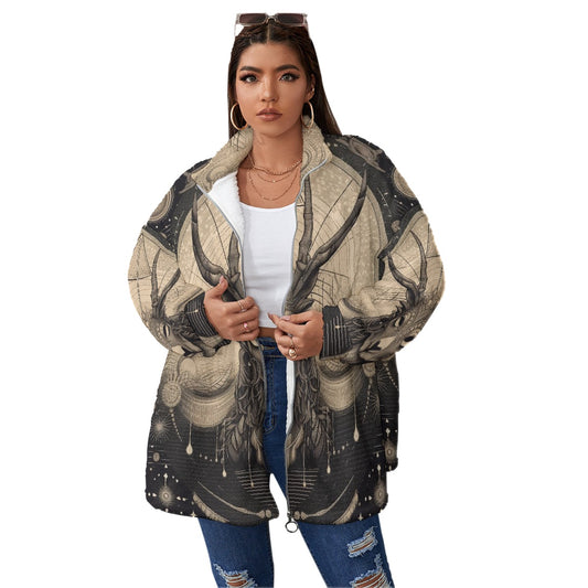 All-Over Print Unisex Borg Fleece Stand-up Collar Coat With Zipper Closure(Plus Size)