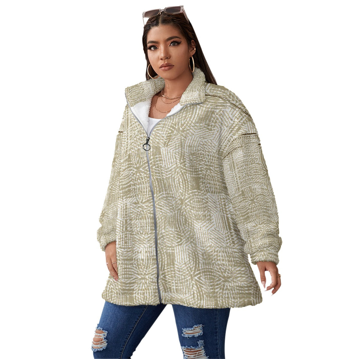 All-Over Print Unisex Borg Fleece Stand-up Collar Coat With Zipper Closure(Plus Size)