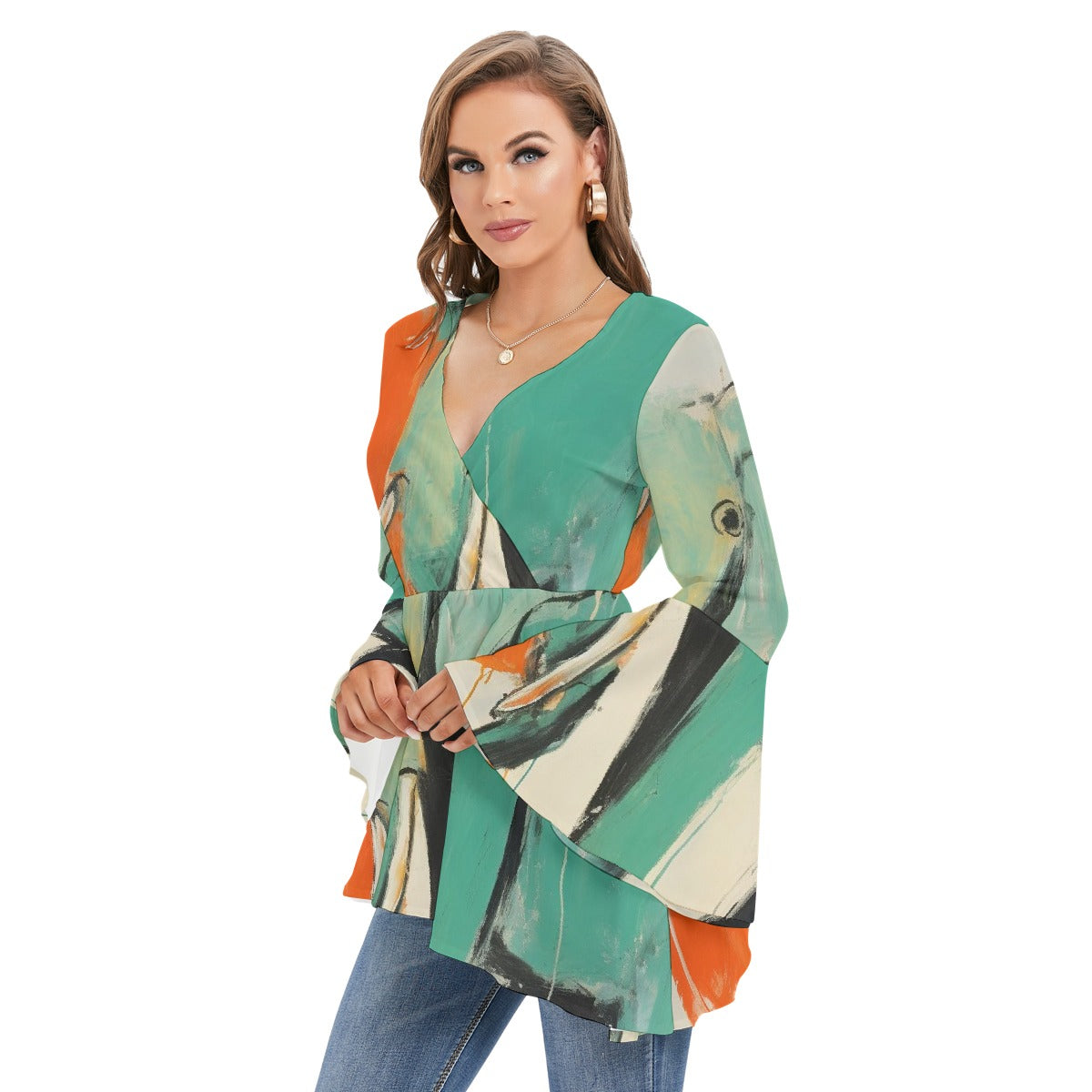 All-Over Print Women's V-neck Blouse With Flared Sleeves