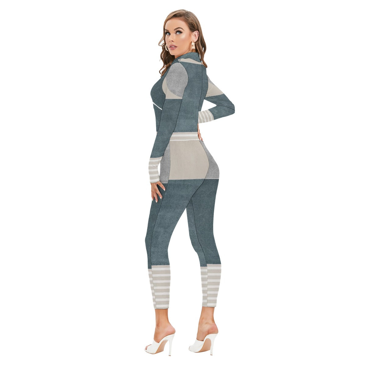 All-Over Print Women's Long-sleeved High-neck Jumpsuit With Zipper