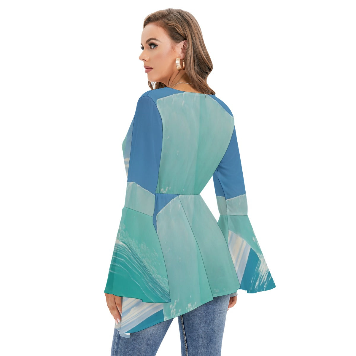 All-Over Print Women's V-neck Blouse With Flared Sleeves