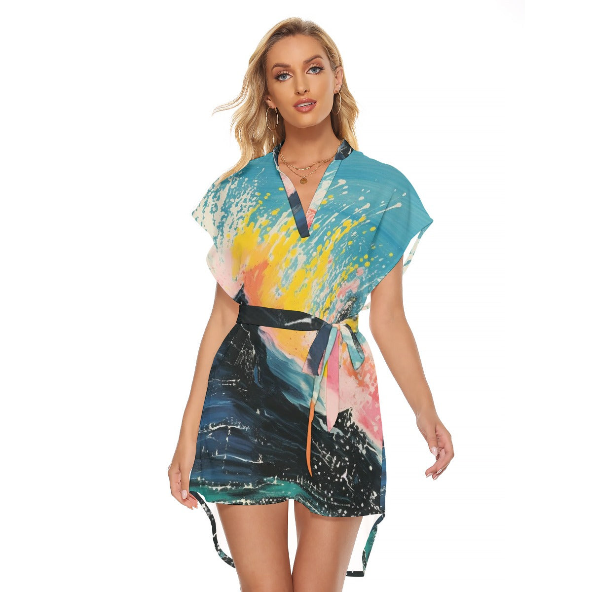 All-Over Print Women's Stand-up Collar Casual Dress With Belt