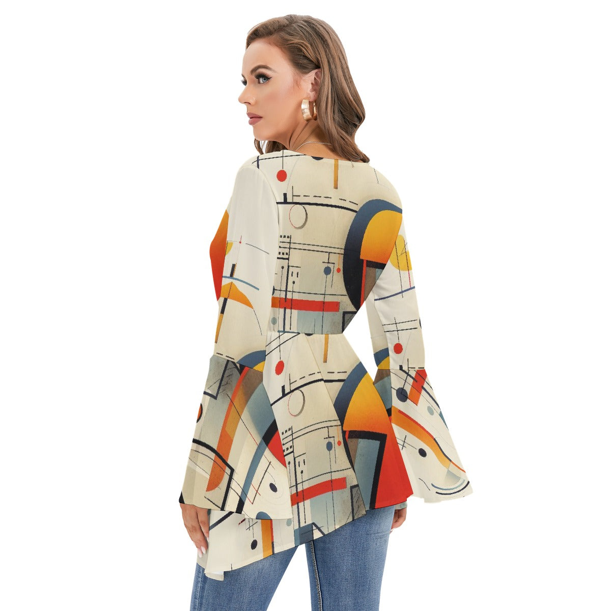 All-Over Print Women's V-neck Blouse With Flared Sleeves
