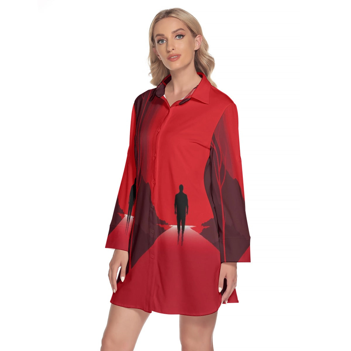 All-Over Print Women's Lapel Shirt Dress With Long Sleeve