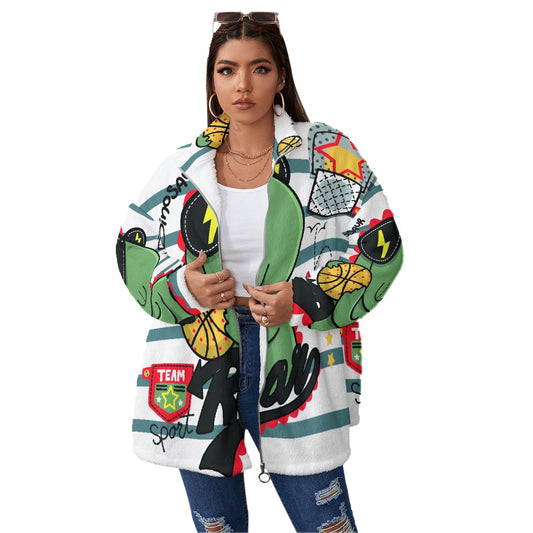 All-Over Print Unisex Borg Fleece Stand-up Collar Coat With Zipper Closure(Plus Size)