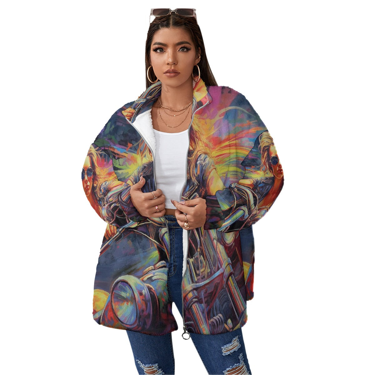 All-Over Print Unisex Borg Fleece Stand-up Collar Coat With Zipper Closure(Plus Size)