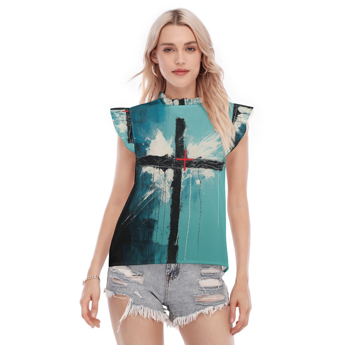 All-Over Print Women's Blouse With Ruffle Collar And Sleeve