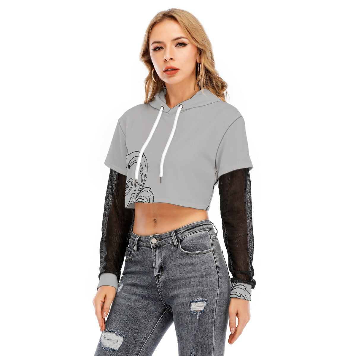 All-Over Print Women's Fake Two-piece Mesh Sleeve Cropped Hoodie