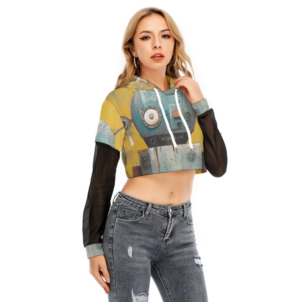 All-Over Print Women's Fake Two-piece Mesh Sleeve Cropped Hoodie