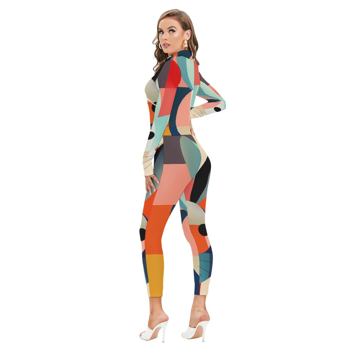 All-Over Print Women's Long-sleeved High-neck Jumpsuit With Zipper