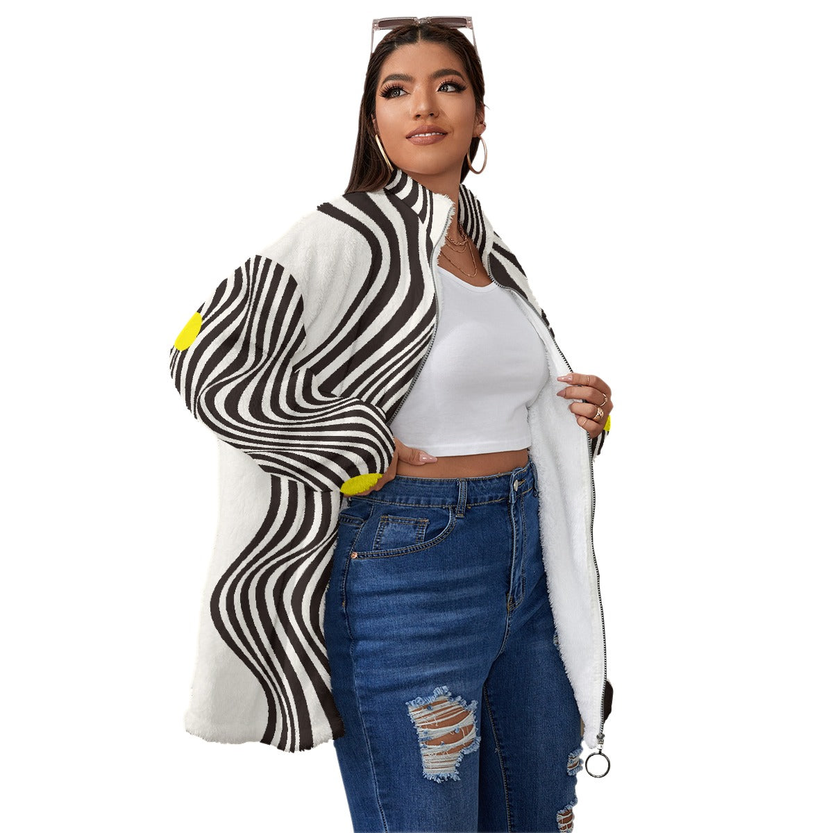 All-Over Print Unisex Borg Fleece Stand-up Collar Coat With Zipper Closure(Plus Size)