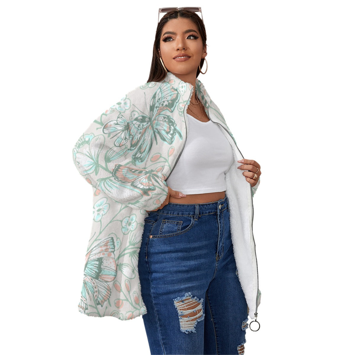 All-Over Print Unisex Borg Fleece Stand-up Collar Coat With Zipper Closure(Plus Size)