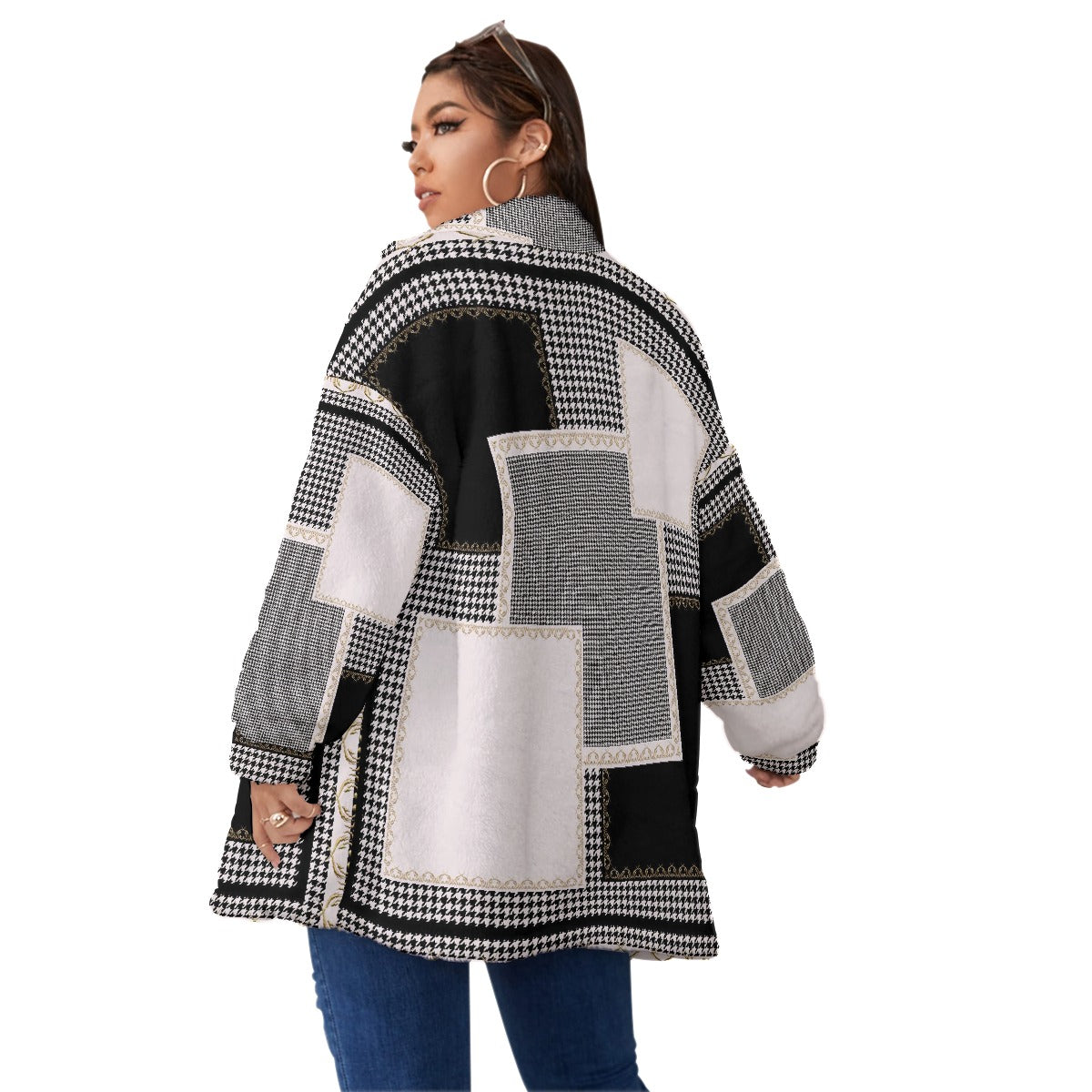 All-Over Print Unisex Borg Fleece Stand-up Collar Coat With Zipper Closure(Plus Size)
