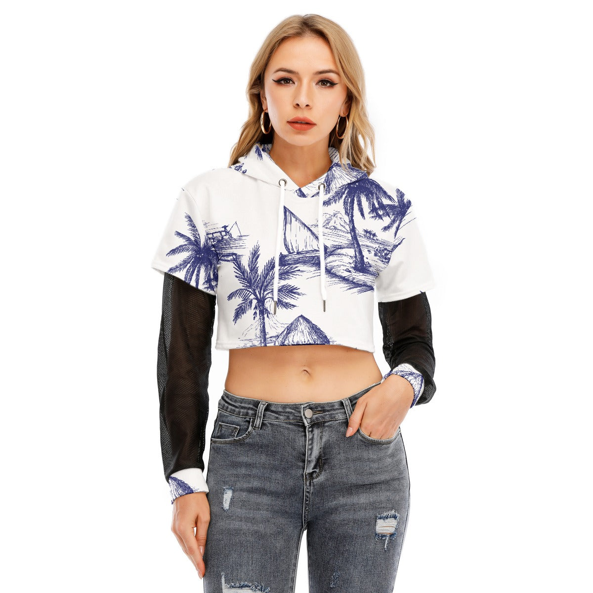 All-Over Print Women's Fake Two-piece Mesh Sleeve Cropped Hoodie