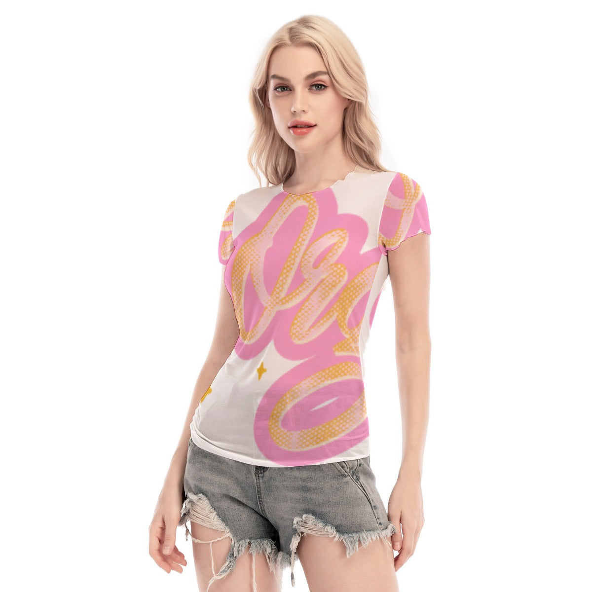 All-Over Print Women's Short Sleeve Mesh Blouse