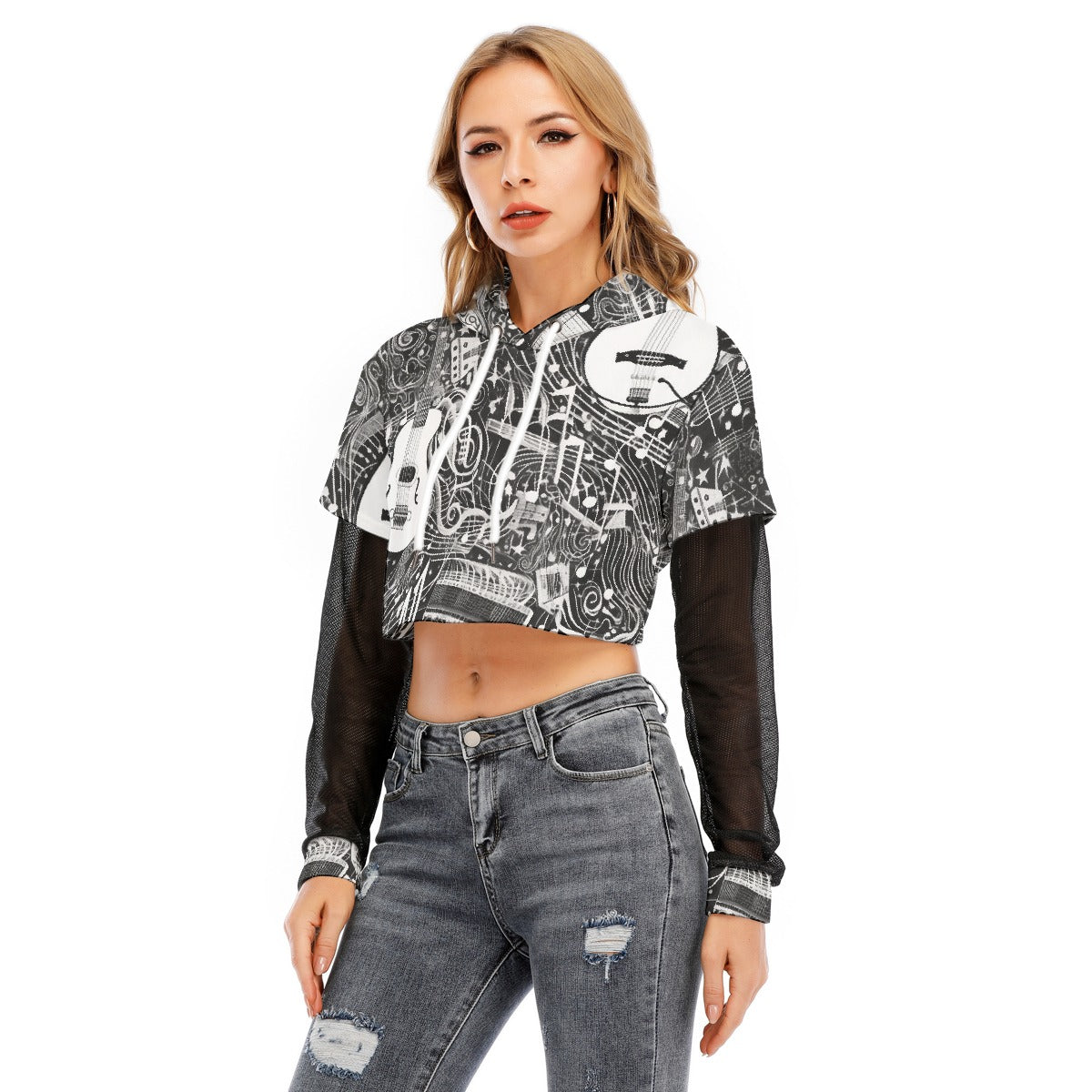 All-Over Print Women's Fake Two-piece Mesh Sleeve Cropped Hoodie