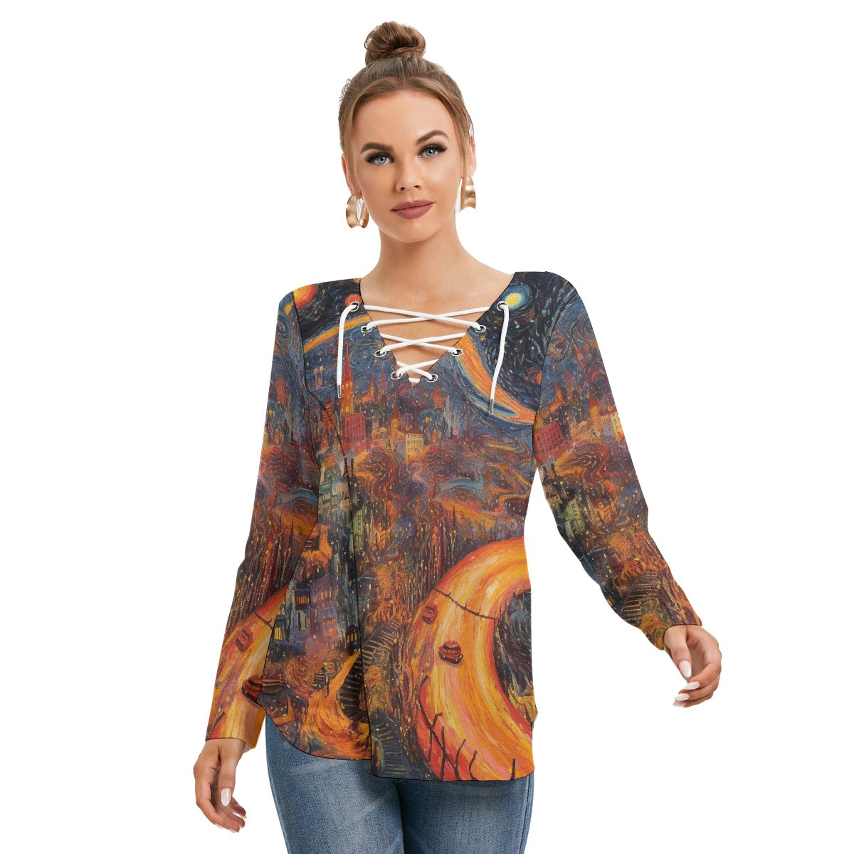 All-Over Print Women's Long Sleeve Neckline Tie Sweatshirt