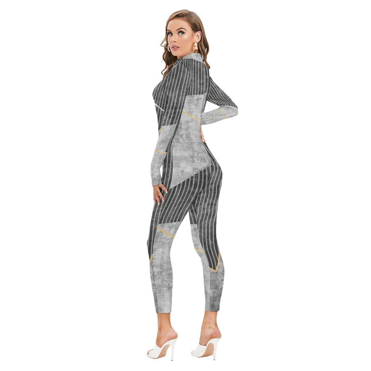 All-Over Print Women's Long-sleeved High-neck Jumpsuit With Zipper