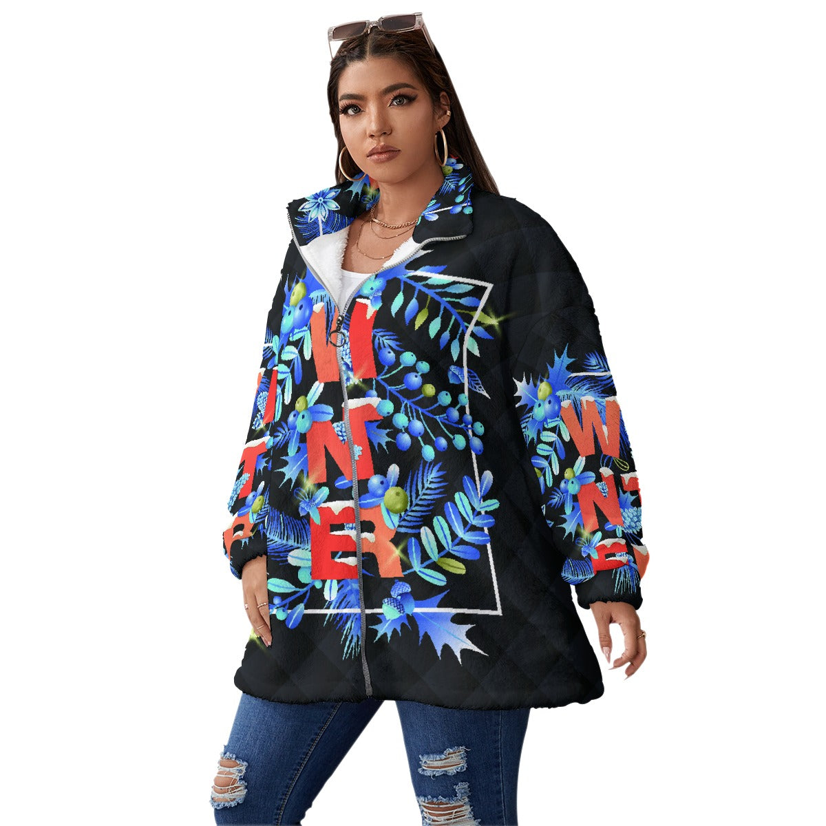 All-Over Print Unisex Borg Fleece Stand-up Collar Coat With Zipper Closure(Plus Size)