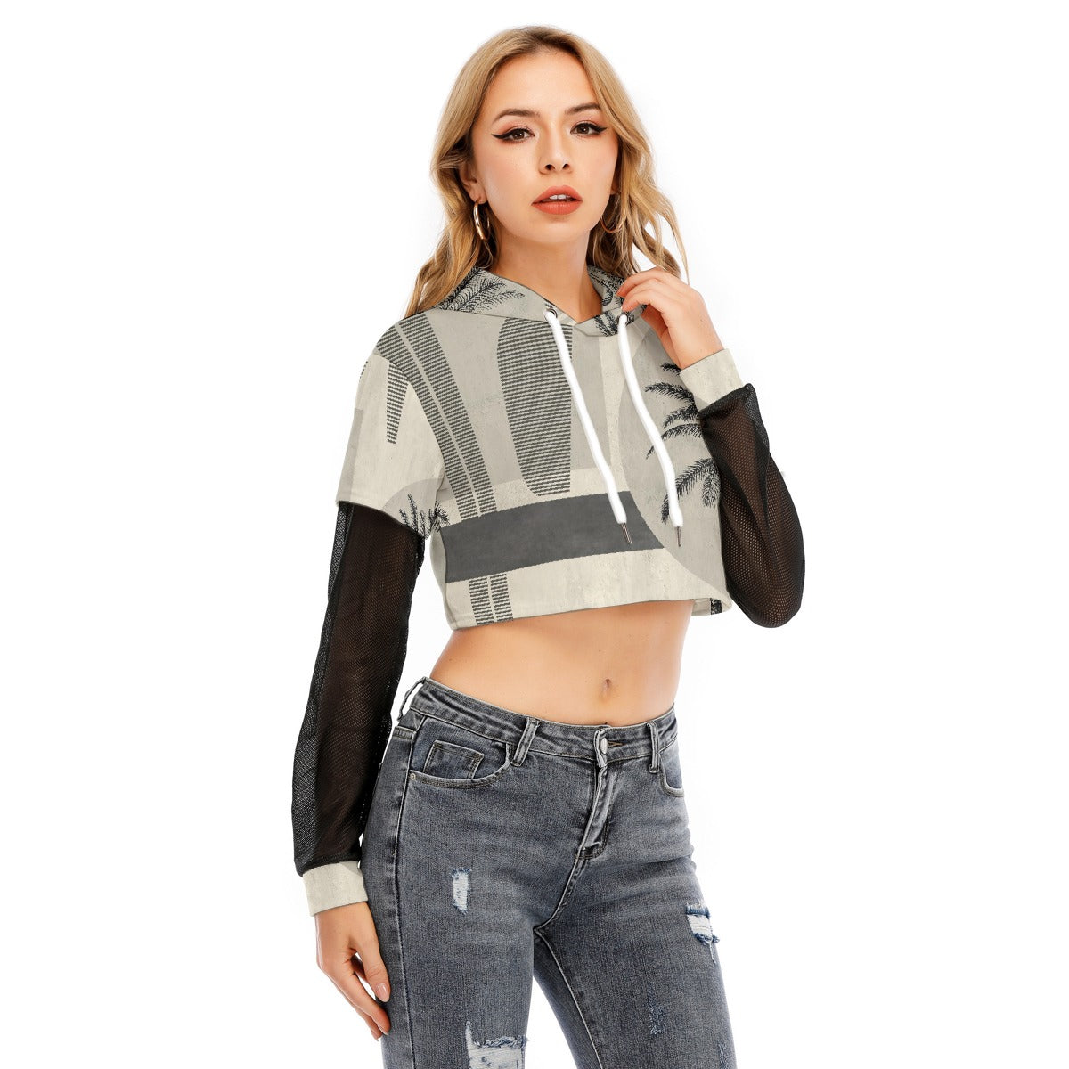 All-Over Print Women's Fake Two-piece Mesh Sleeve Cropped Hoodie