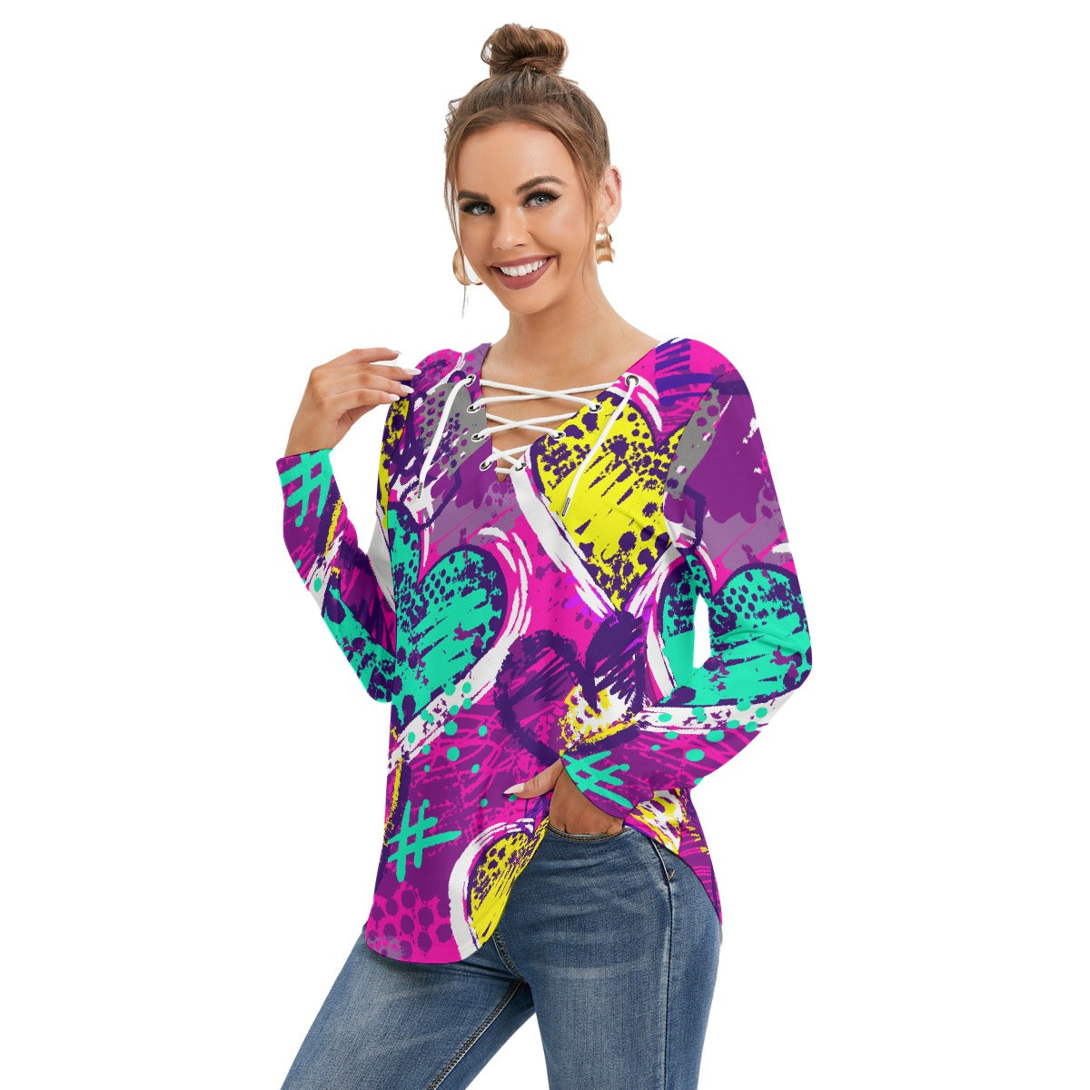 All-Over Print Women's Long Sleeve Neckline Tie Sweatshirt
