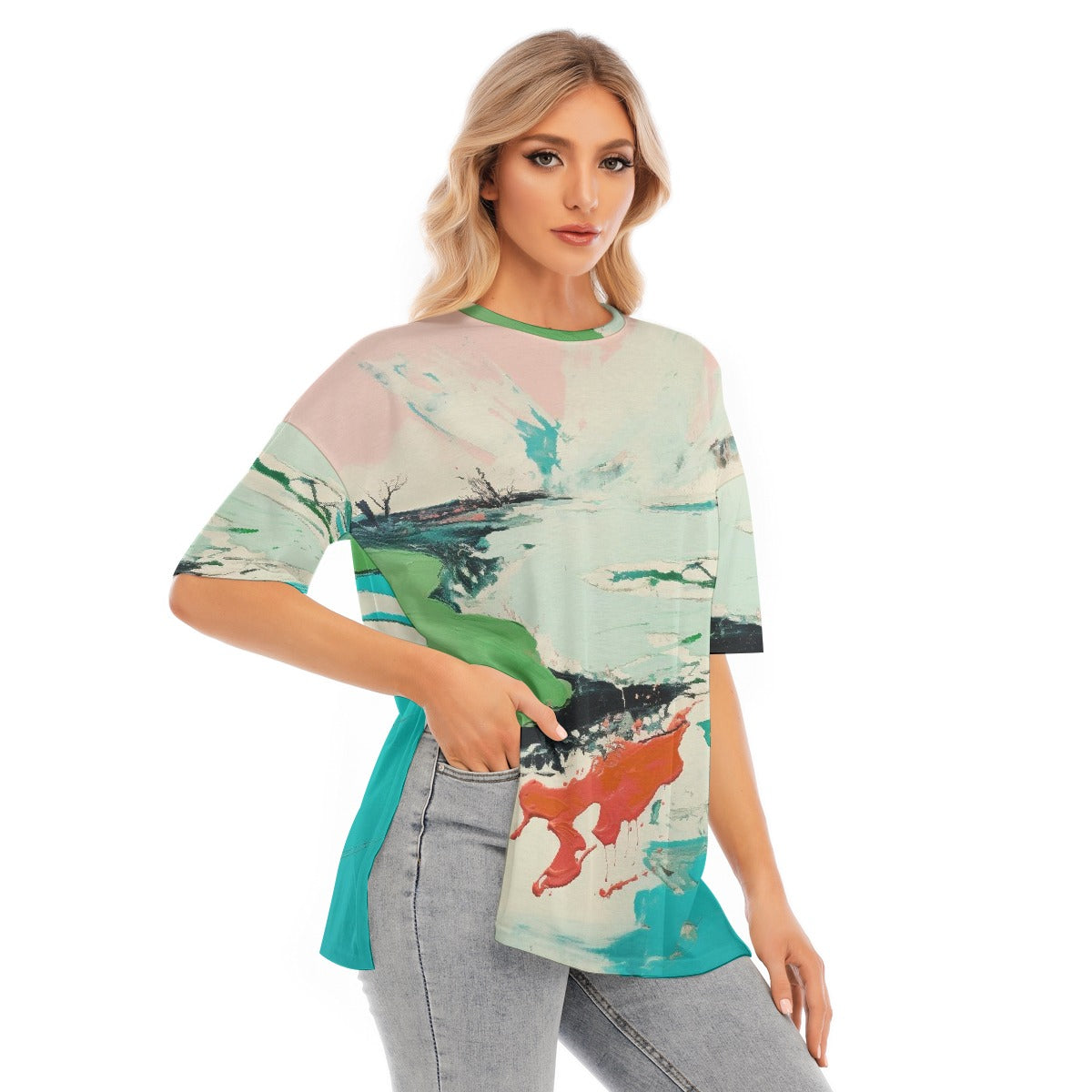 All-Over Print Women's Short Sleeves T-shirt With Hem Split