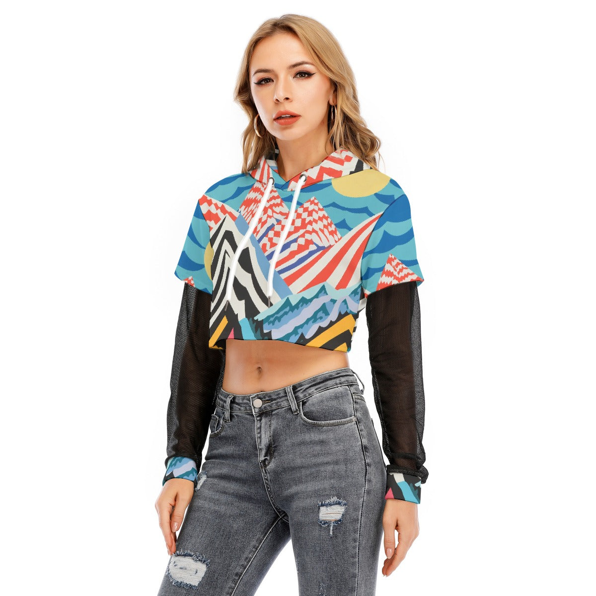 All-Over Print Women's Fake Two-piece Mesh Sleeve Cropped Hoodie