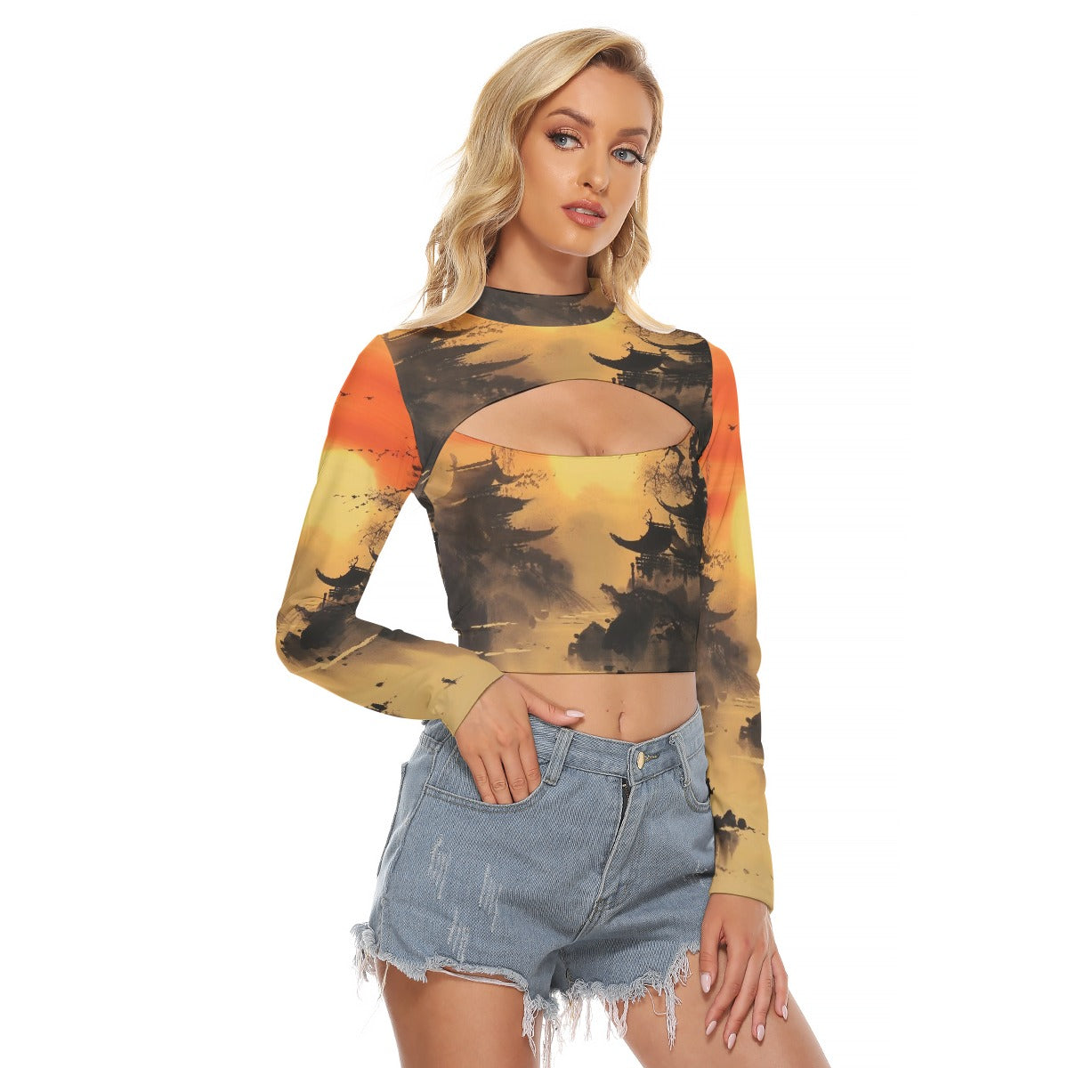 All-Over Print Women's Hollow Chest Keyhole Tight Crop Top
