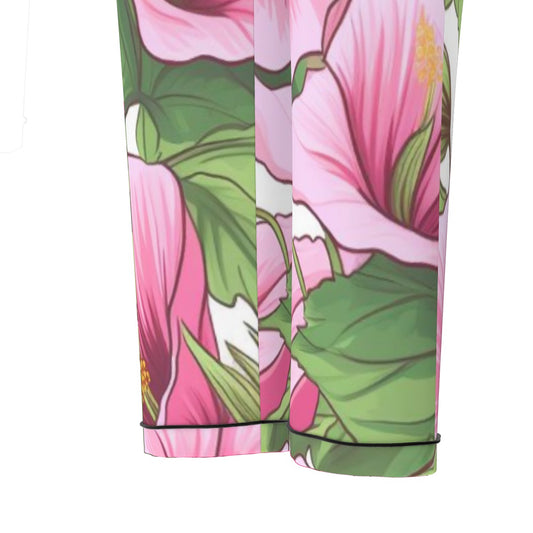 All-Over Print Women's Long Sleeve Pajama Set With Black Contrast Piping