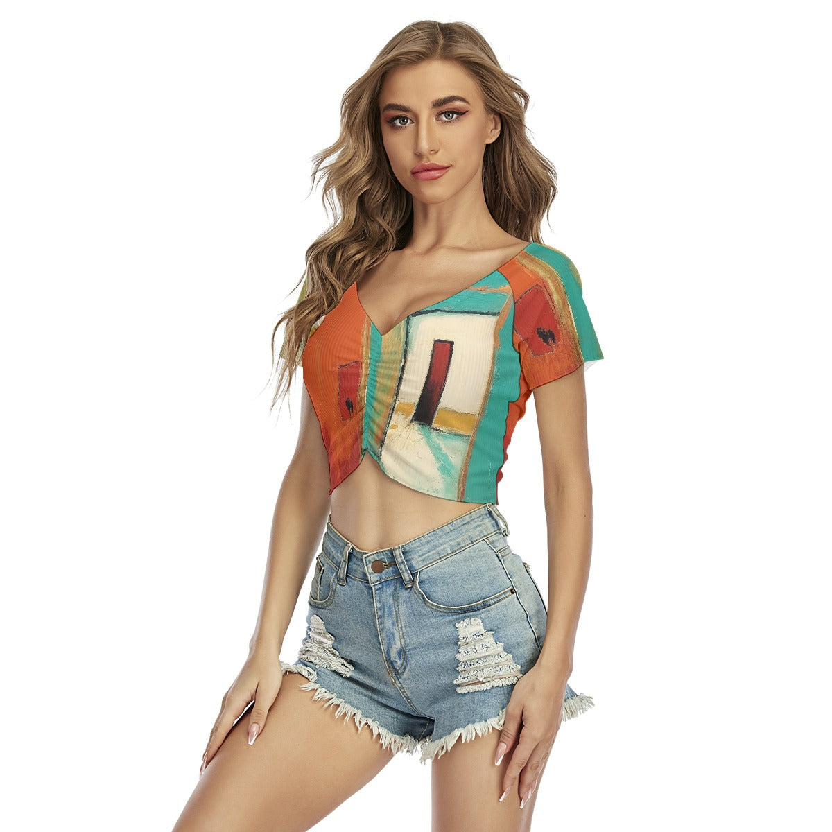 All-Over Print Women's Raglan Drawstring Front  Crop Tee