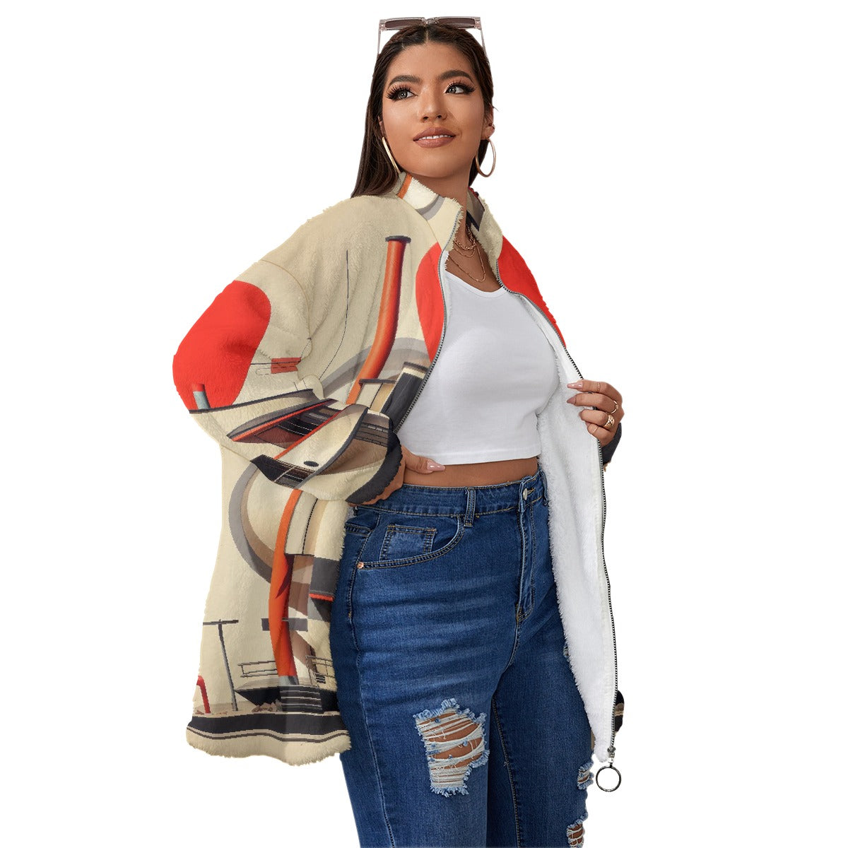 All-Over Print Unisex Borg Fleece Stand-up Collar Coat With Zipper Closure(Plus Size)