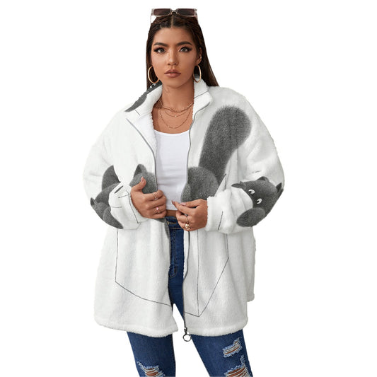 All-Over Print Unisex Borg Fleece Stand-up Collar Coat With Zipper Closure(Plus Size)