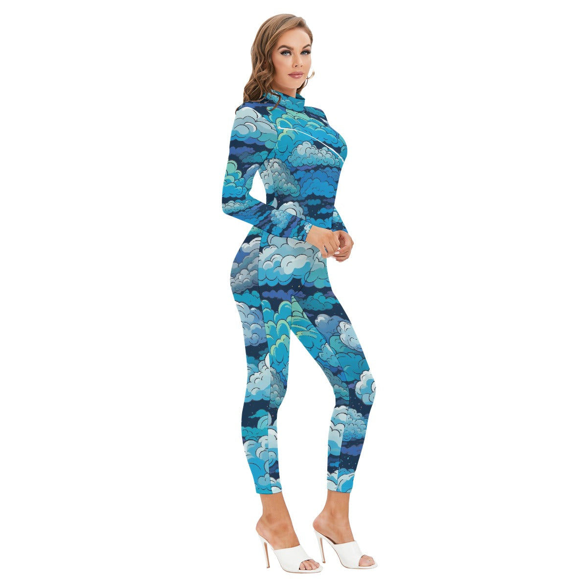 All-Over Print Women's Long-sleeved High-neck Jumpsuit With Zipper