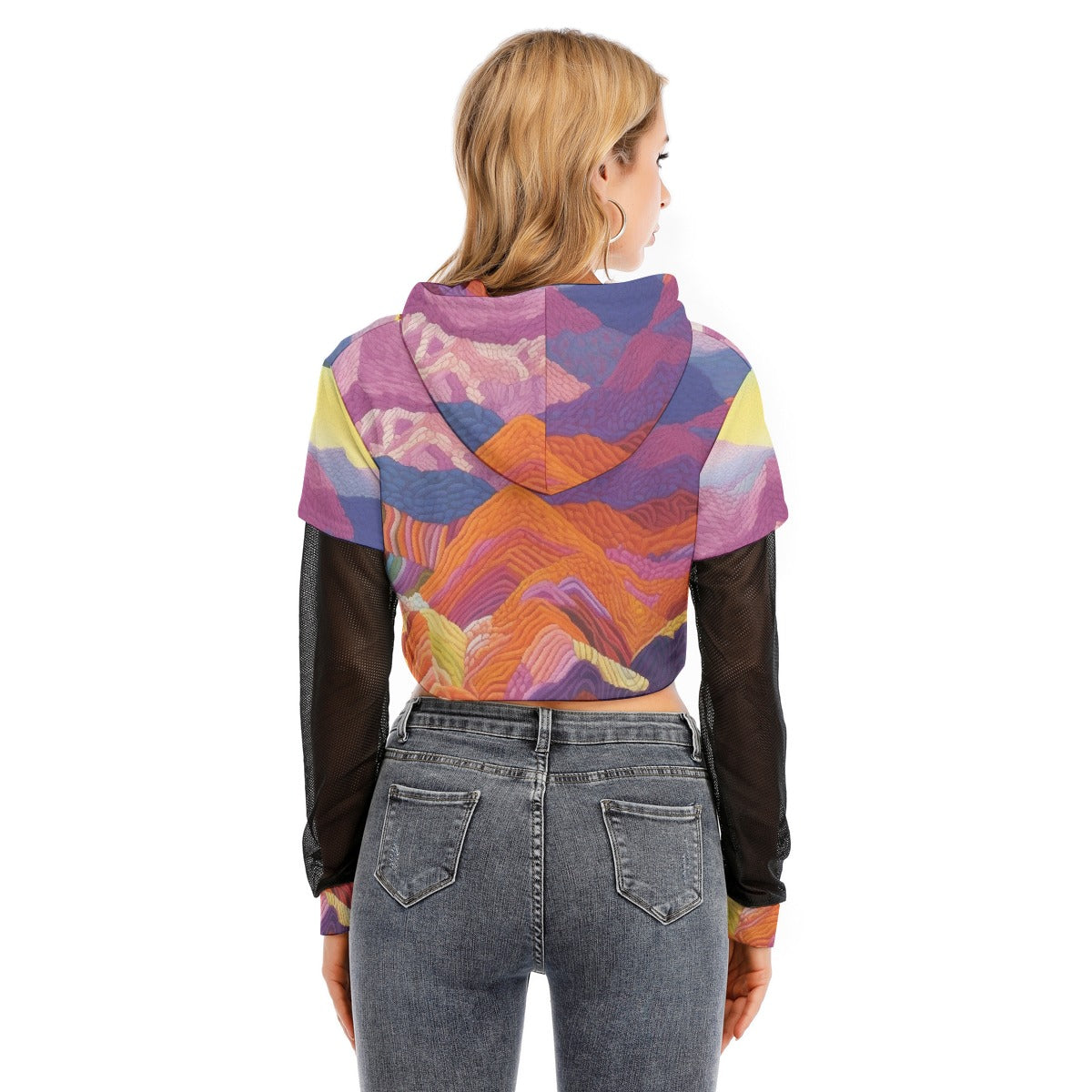 All-Over Print Women's Fake Two-piece Mesh Sleeve Cropped Hoodie