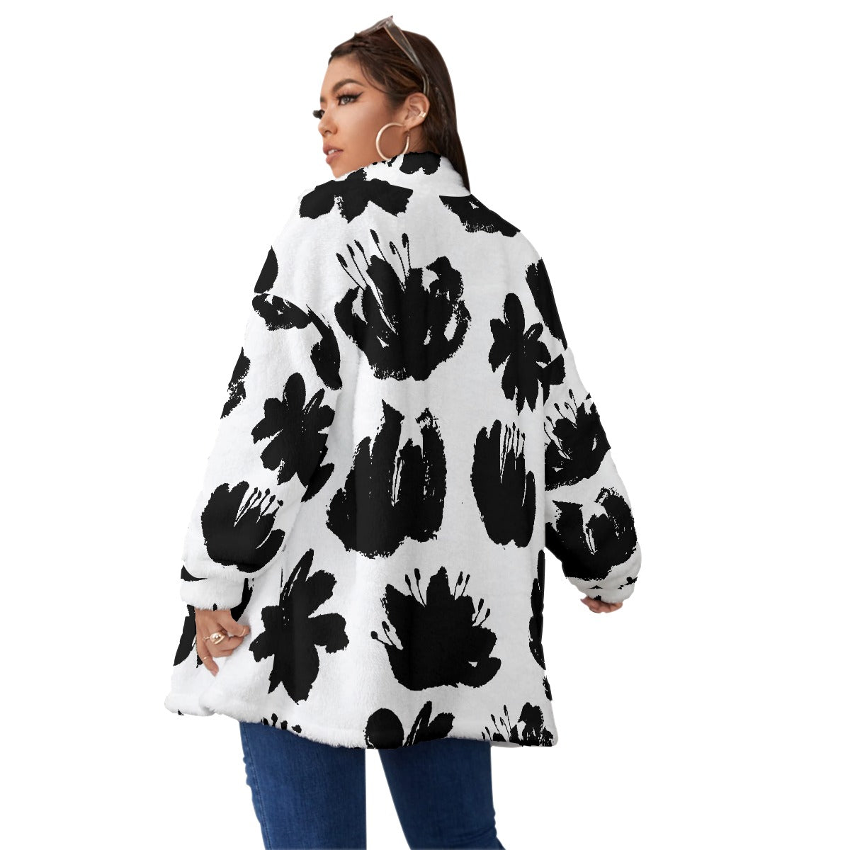 All-Over Print Unisex Borg Fleece Stand-up Collar Coat With Zipper Closure(Plus Size)