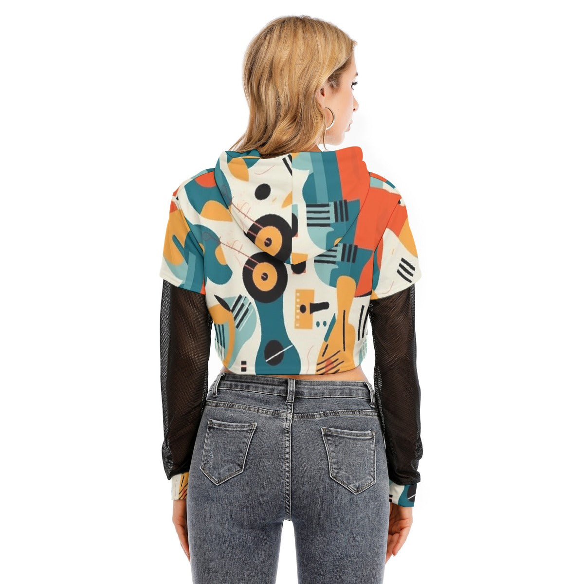 All-Over Print Women's Fake Two-piece Mesh Sleeve Cropped Hoodie