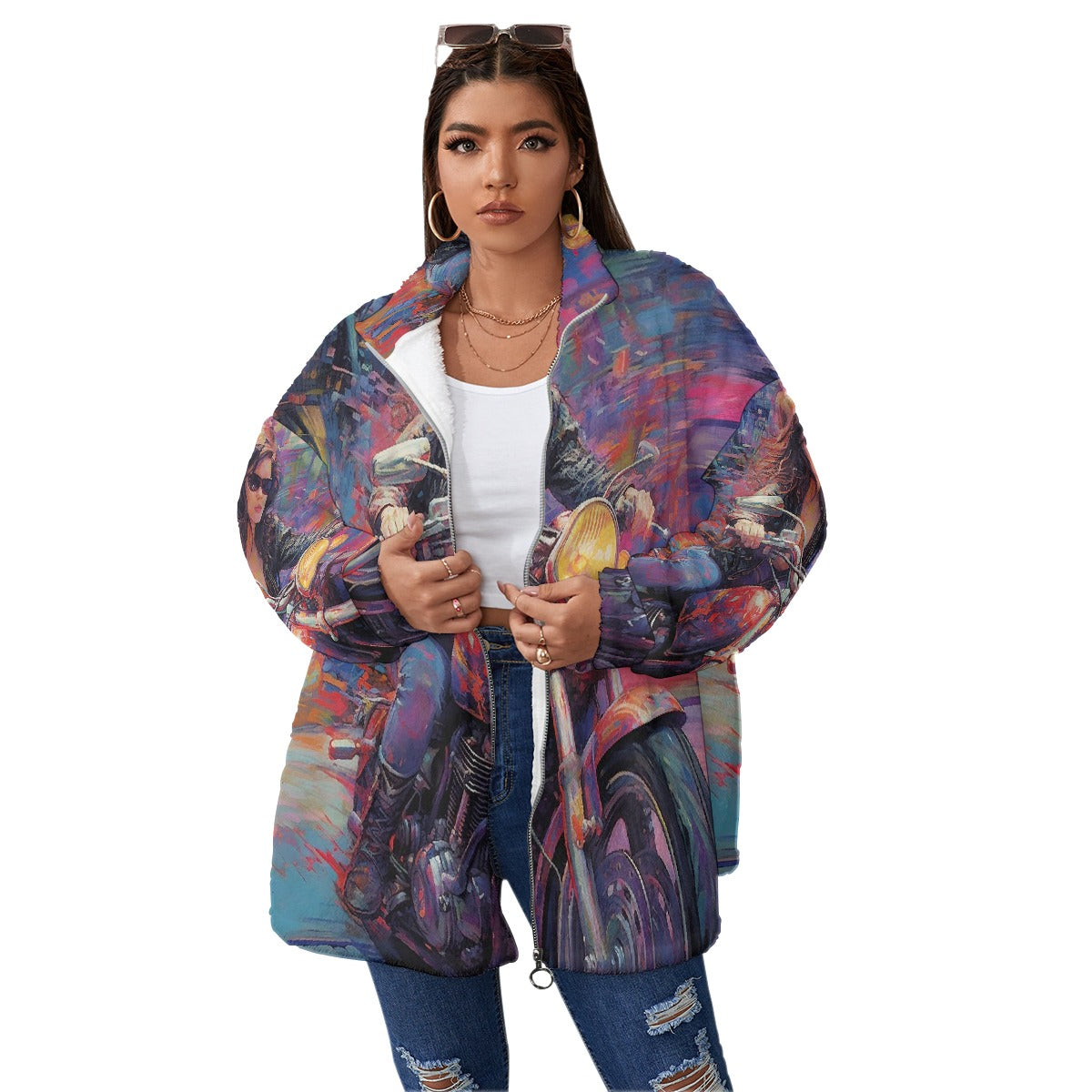 All-Over Print Unisex Borg Fleece Stand-up Collar Coat With Zipper Closure(Plus Size)