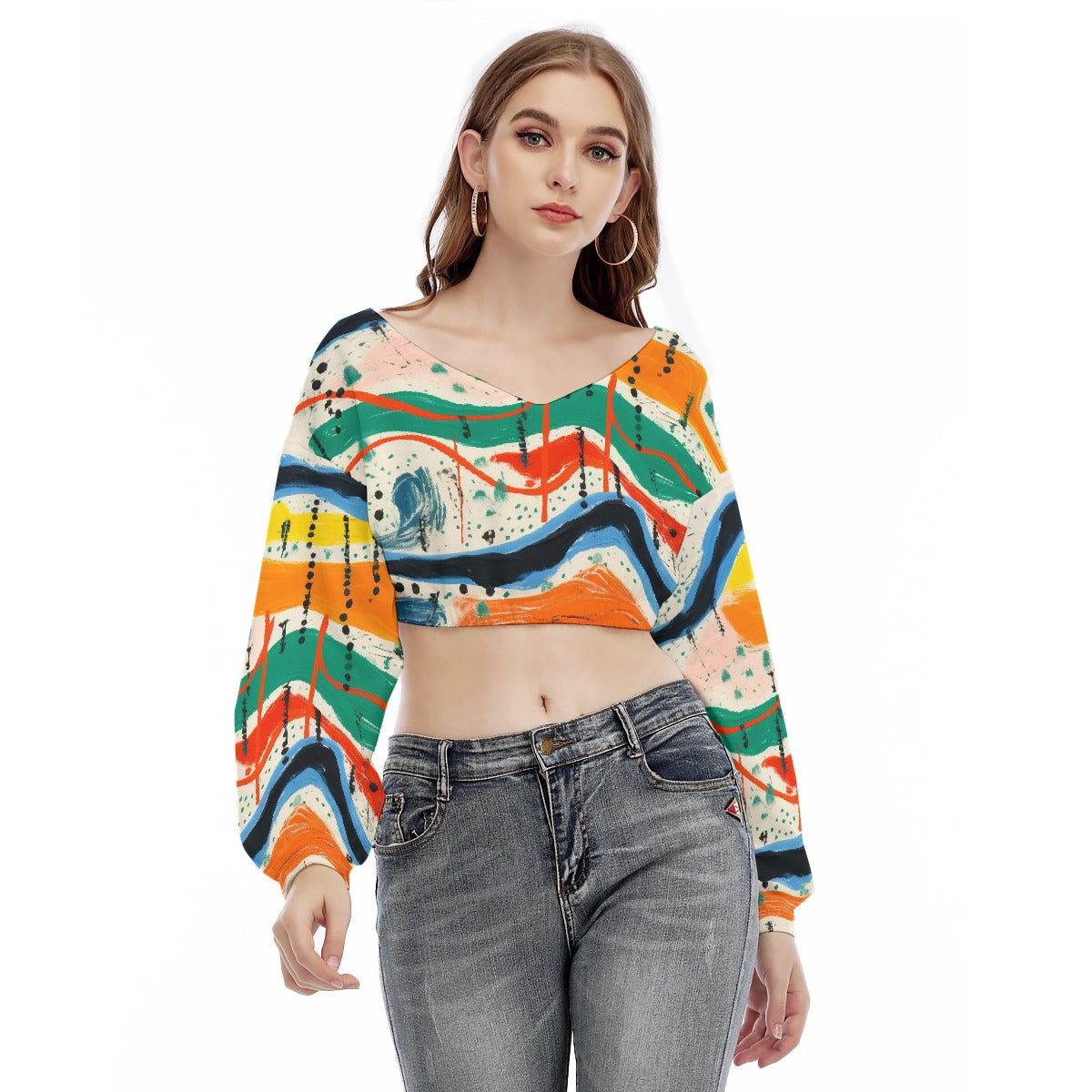 All-Over Print Women's V-neck Long Sleeve Cropped Sweatshirt