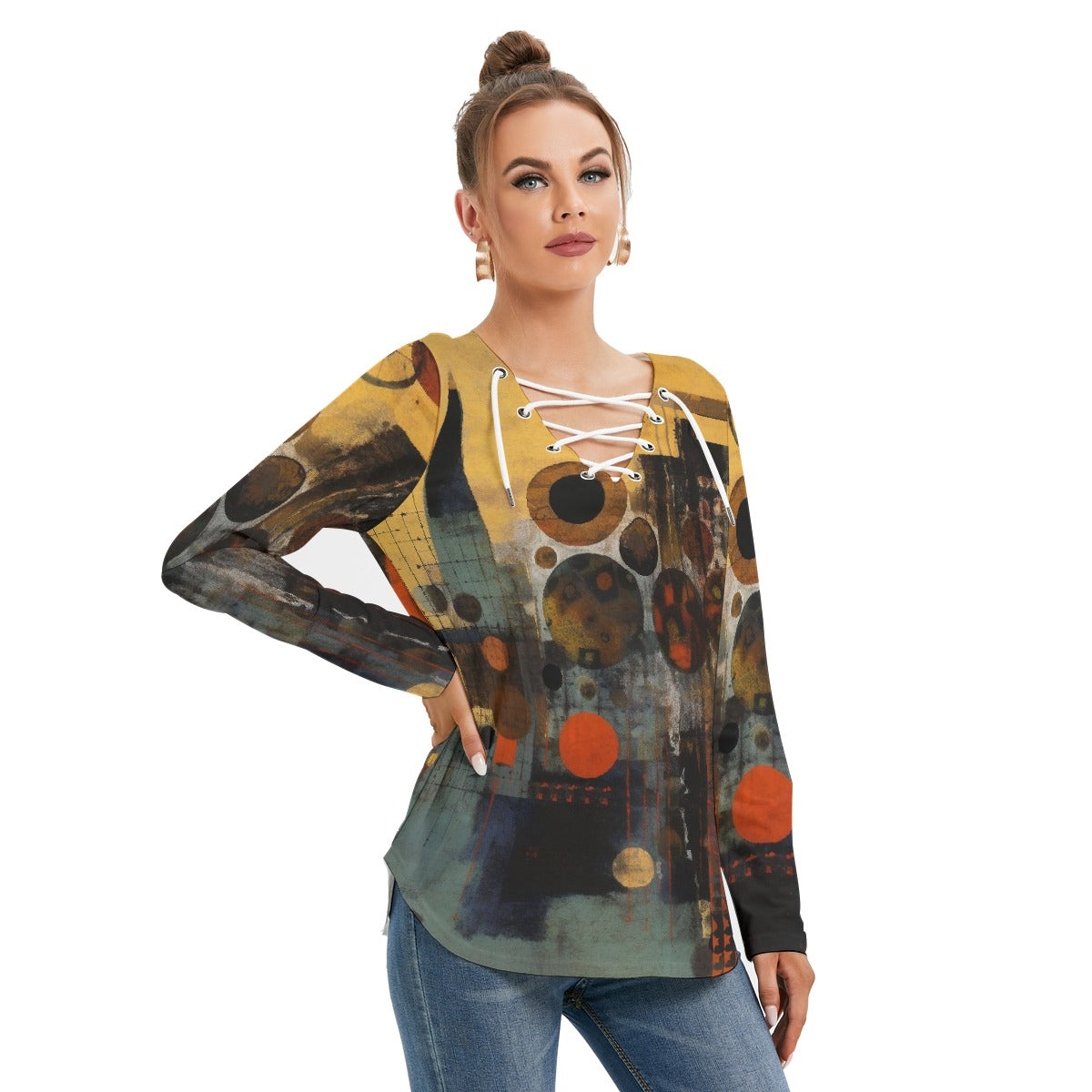 All-Over Print Women's Long Sleeve Neckline Tie Sweatshirt