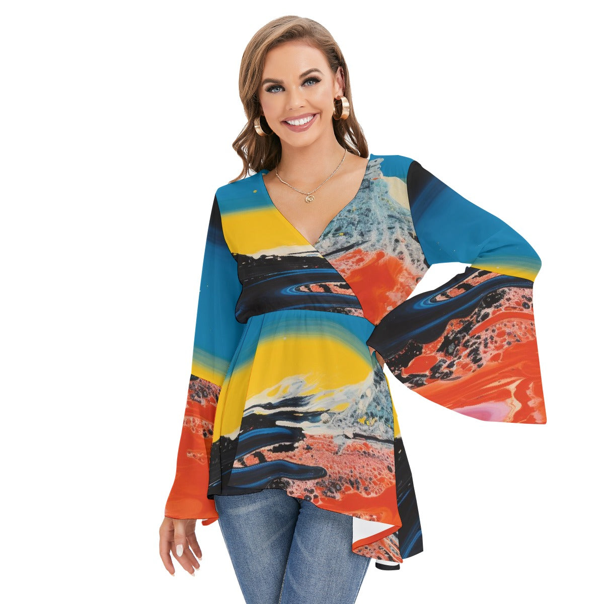 All-Over Print Women's V-neck Blouse With Flared Sleeves