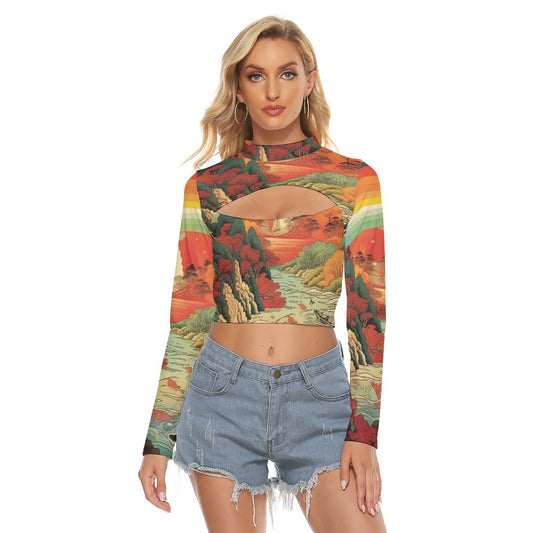 All-Over Print Women's Hollow Chest Keyhole Tight Crop Top