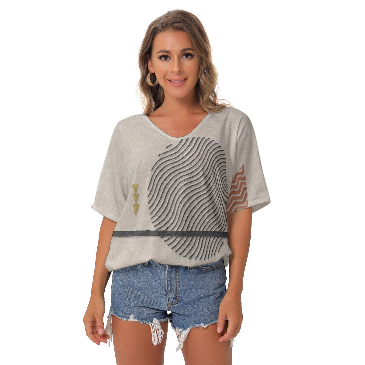 All-Over Print Women's Bat Sleeves V-Neck Blouse