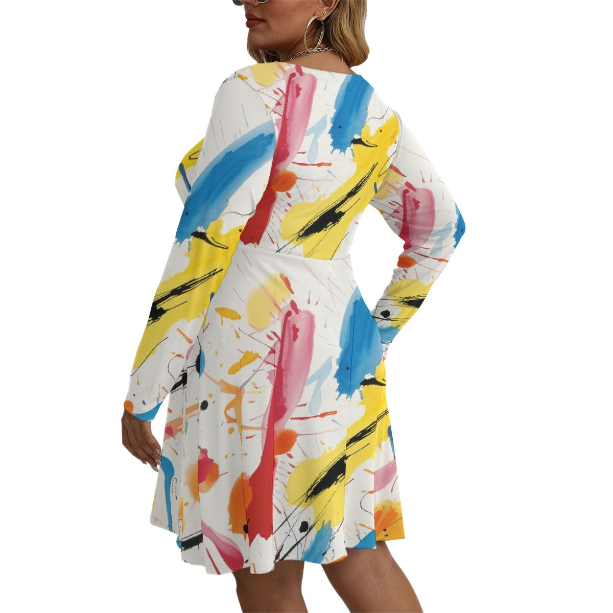 All-Over Print Women's V-neck Long Sleeve Dress(Plus Size)