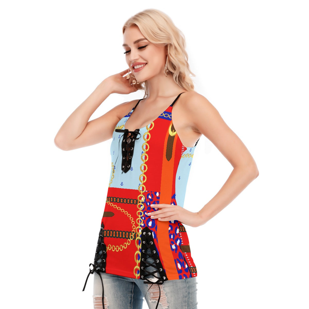 All-Over Print Women's V-neck Eyelet Lace-up Cami Dress