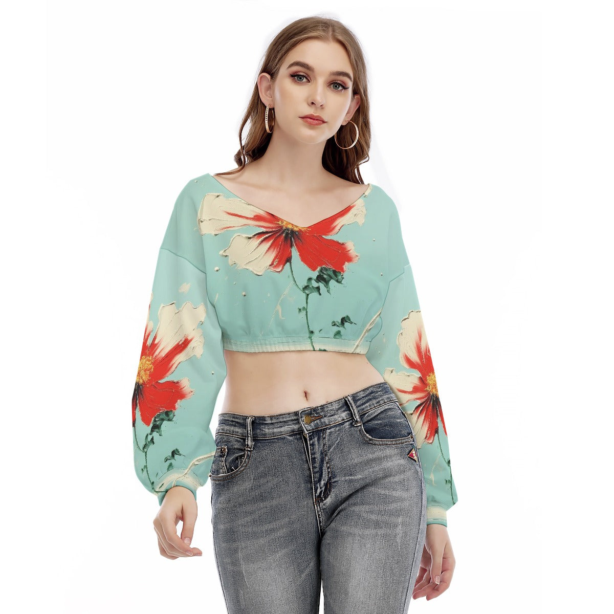 All-Over Print Women's V-neck Long Sleeve Cropped Sweatshirt