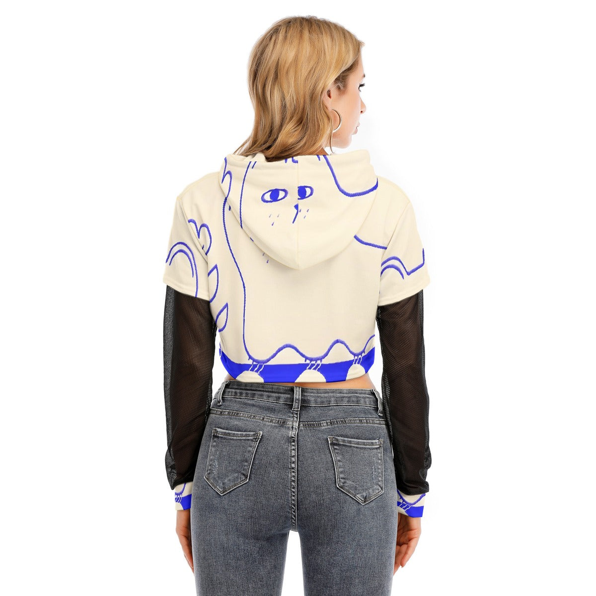 All-Over Print Women's Fake Two-piece Mesh Sleeve Cropped Hoodie